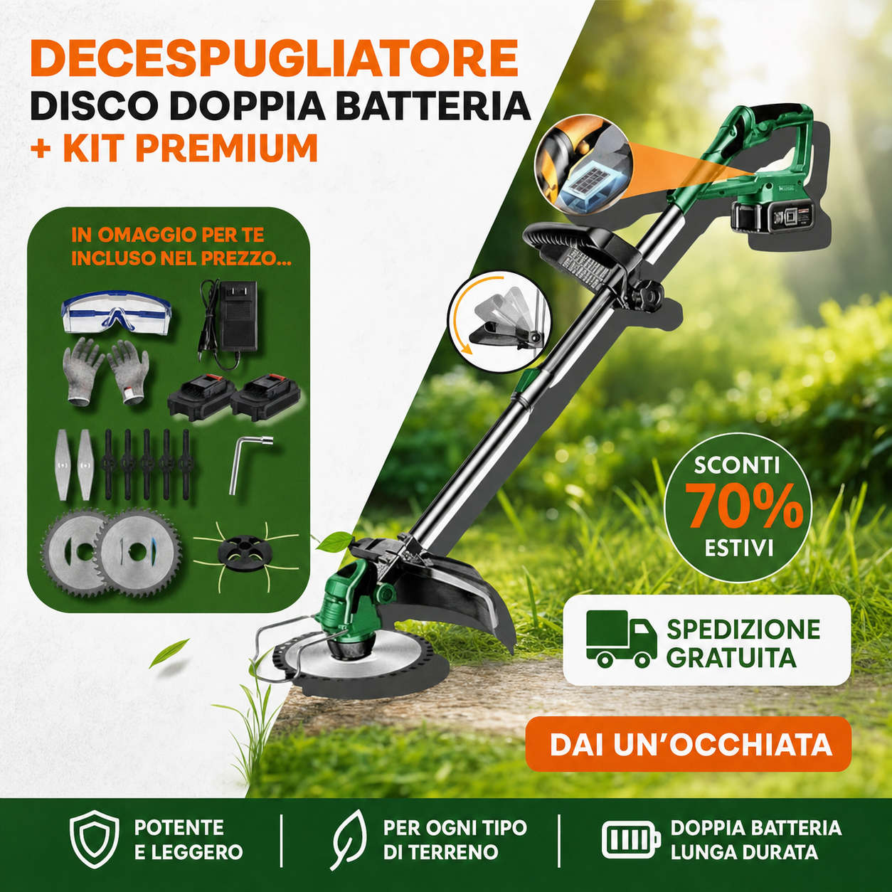GreenCut Pro – Decespugliatore a Batteria Brushless 800W con Kit 2 Batterie