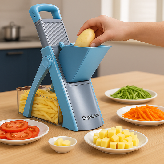TagliaViva Pro™ – Mandolina Verticale Multifunzione con Lame 420J, Apertura XL e Spessore Regolabile