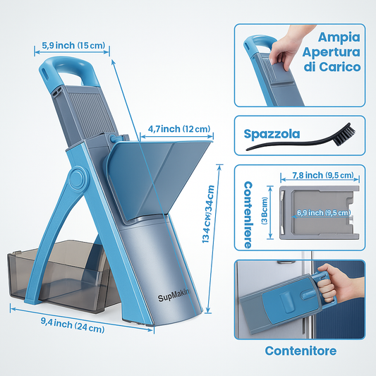 TagliaViva Pro™ – Mandolina Verticale Multifunzione con Lame 420J, Apertura XL e Spessore Regolabile